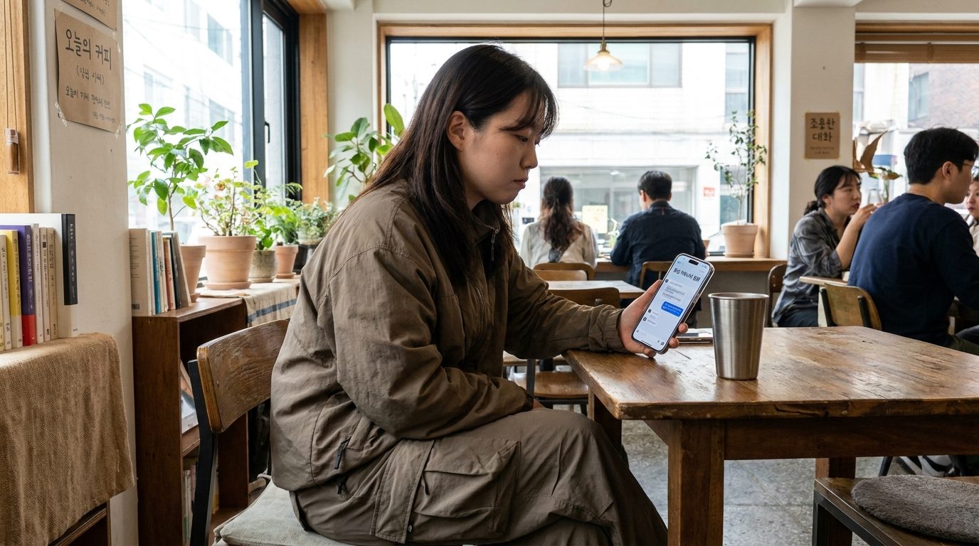 풋살 커뮤니티 질문: 도시 카페에서 여자 풋살 커뮤니티 오픈채팅을 살펴보는 현대 한국 여성의 모습