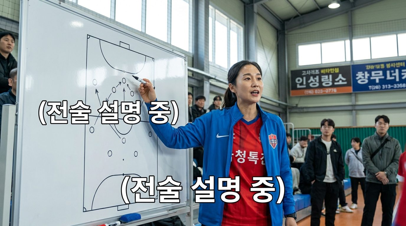 골때녀 전술: 코트 앞에서 전술판을 설명하는 여성 풋살 감독의 모습, 밝은 운동복을 입고 집중한 표정으로 작전을 설명하는 장면