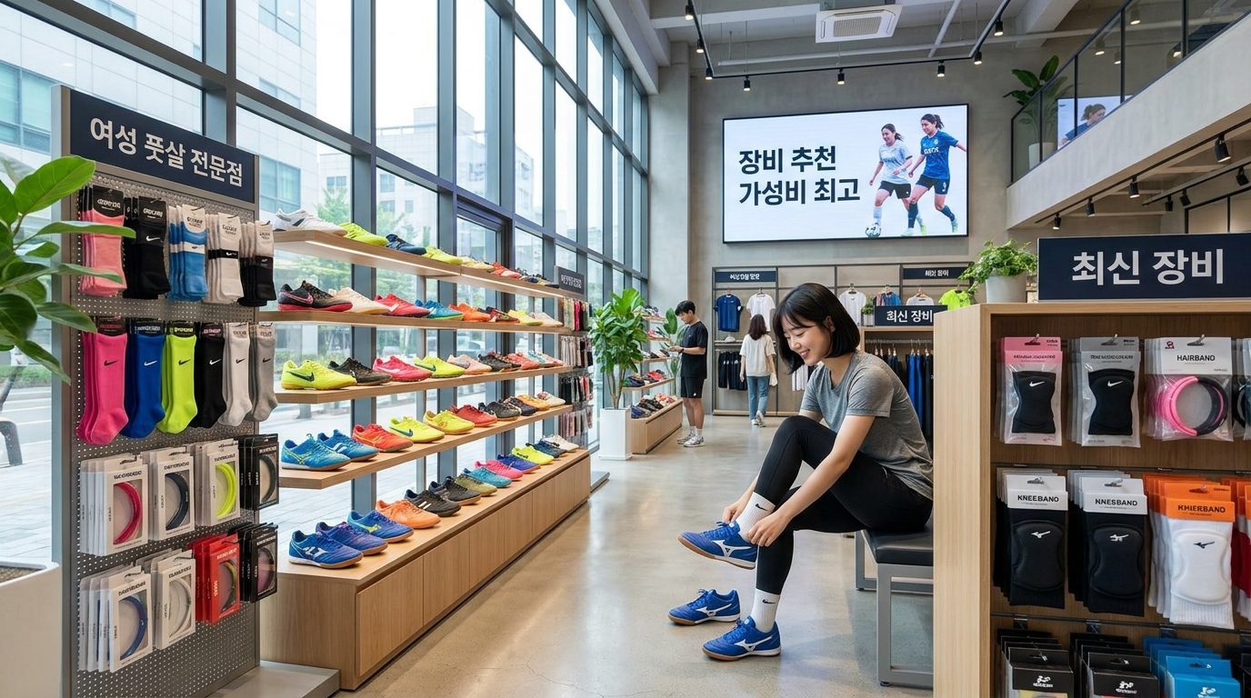 한국 여성 풋살용품점에서 장비를 구매하는 고객과 진열된 장비들의 모습