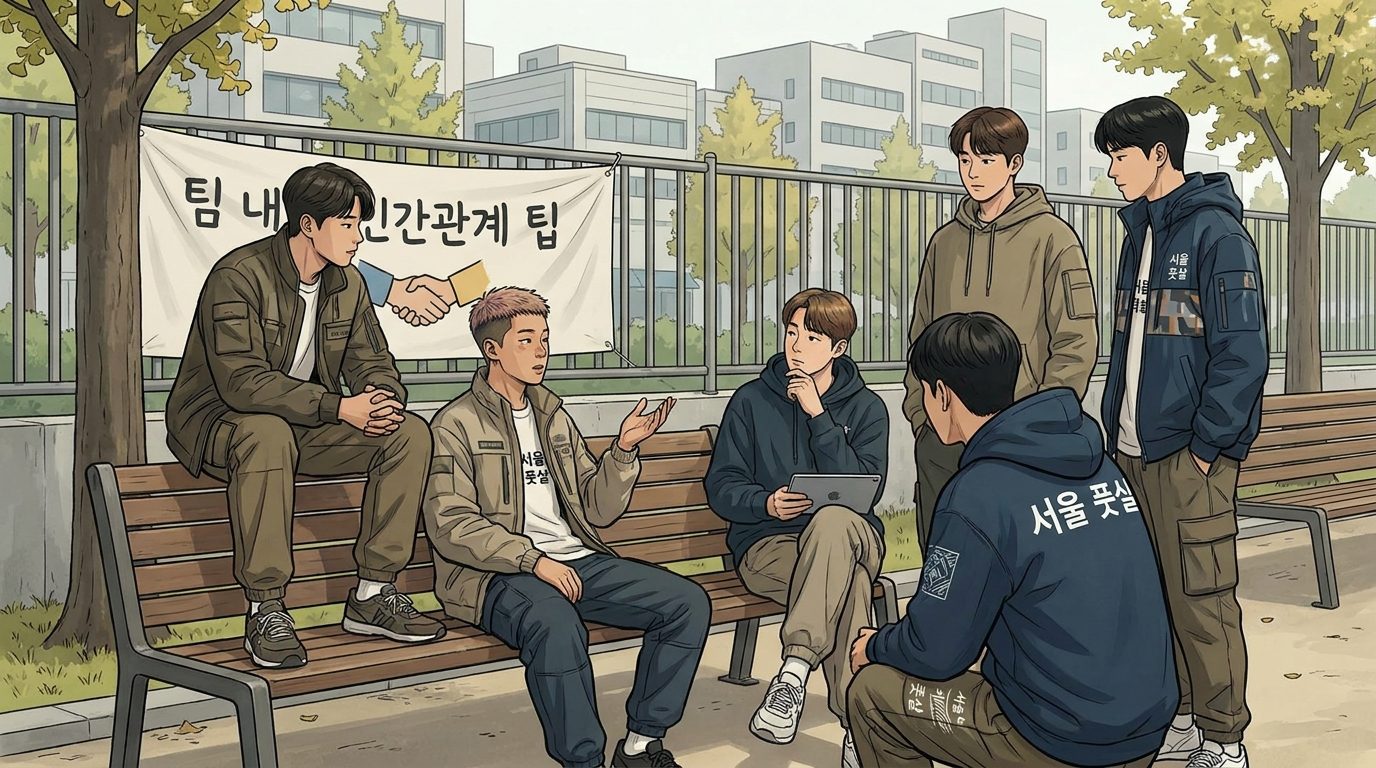 경기 후 야외 공원에서 팀 내 인간관계에 대해 의논하는 여자 풋살 선수들의 모습