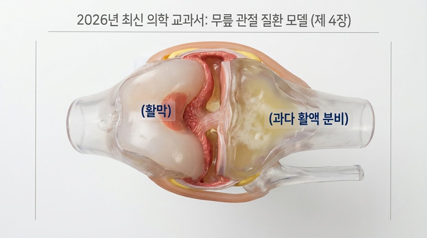 무릎 붓기 원인, 무릎 관절 내부 활막과 과다 활액 분비를 세밀하게 보여주는 해부학적 실사 이미지