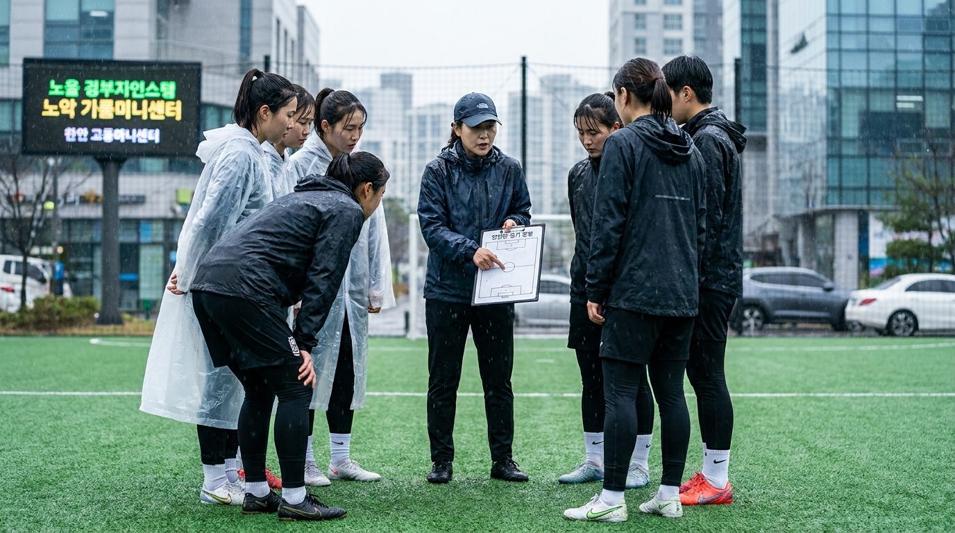 우천 경기 전략을 논의하는 여성 풋살 팀과 코치 모습