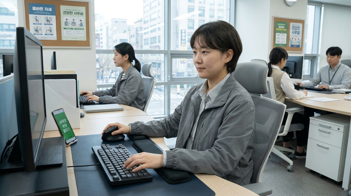 적절한 손목 자세를 위해 키보드와 마우스 위치를 조정하는 직장인 고화질 실사 이미지