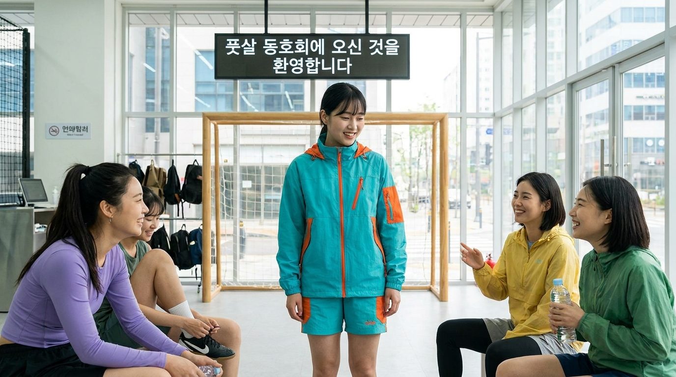 동호회 첫인사: 풋살 동호회의 첫 참석자로서 긴장하면서도 환영받는 분위기 속에서 서있는 여성 선수들의 모습