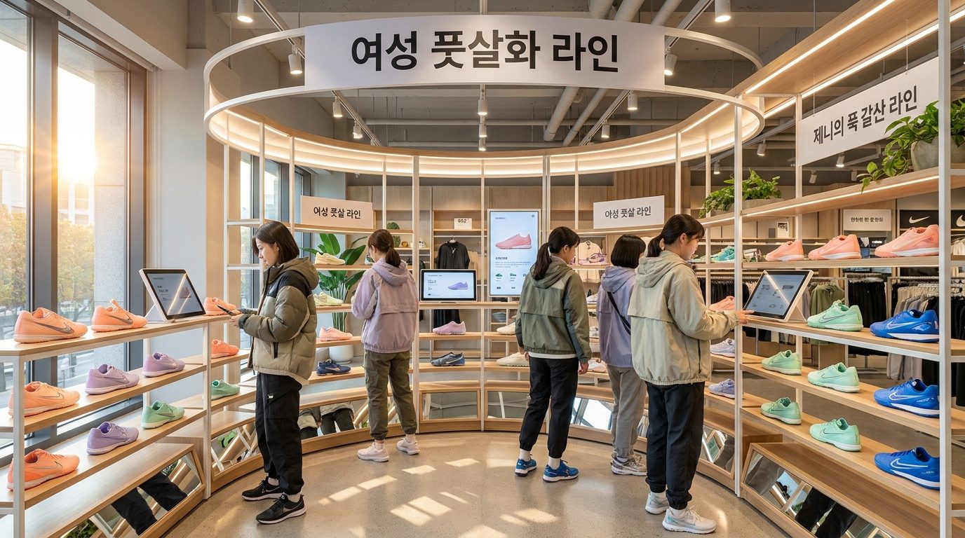 여성 풋살 라인: 현대적인 한국 스포츠 매장 내 여성 풋살화 전용 진열대가 잘 갖춰져 있고, 여성 고객들이 다양한 풋살화를 살펴보는 모습