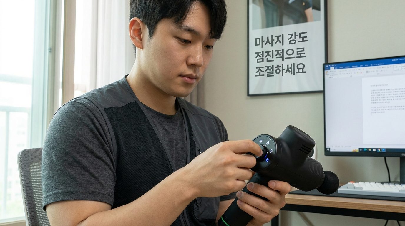 마사지건을 사용하기 전에 강도 설정을 점검하는 젊은 한국 남성의 클로즈업 이미지