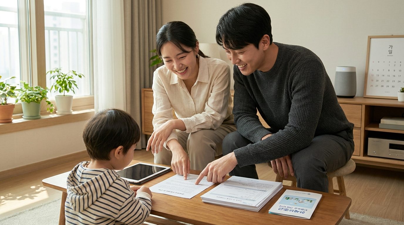 젊은 한국인 가족이 전세보증금 반환보증 가입 서류를 집에서 상의하는 모습
