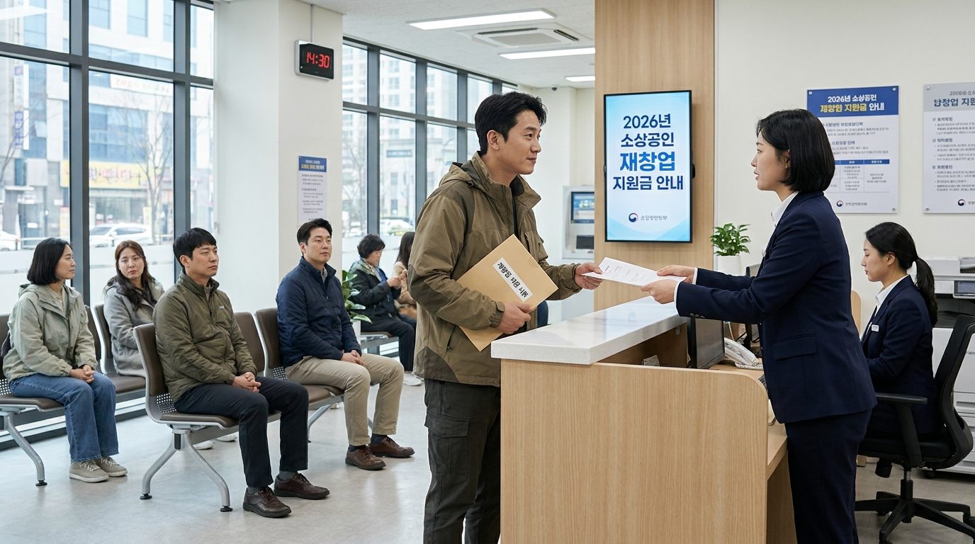 재창업 지원금을 수령하는 대한민국 소상공인의 희망찬 모습