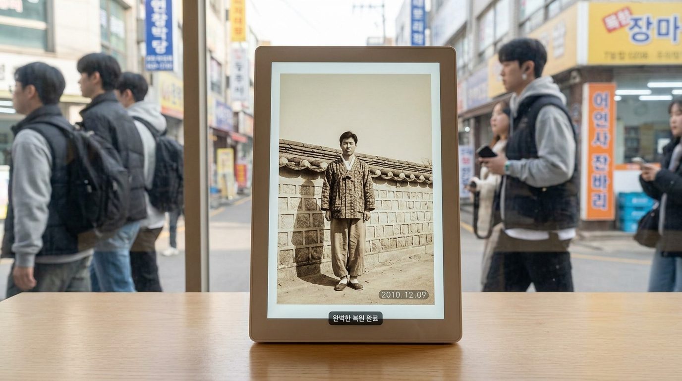 날짜 각인 제거 후 배경이 매끄럽게 복원된 디지털 액자 속 사진 모습