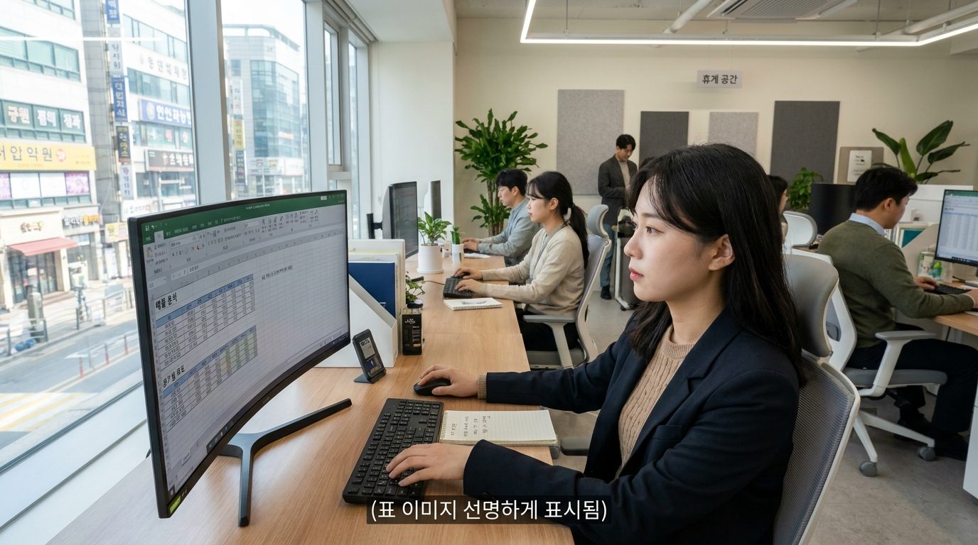 엑셀 표 이미지 변환: 엑셀 스프레드시트가 선명하게 보이는 현대 사무실에서 일하는 젊은 한국 여성의 모습