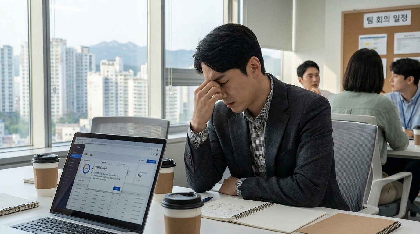 현대 한국의 30대 직장인이 사무실 책상에서 지쳐 앉아 있는 모습, 번아웃 증상을 표현한 이미지