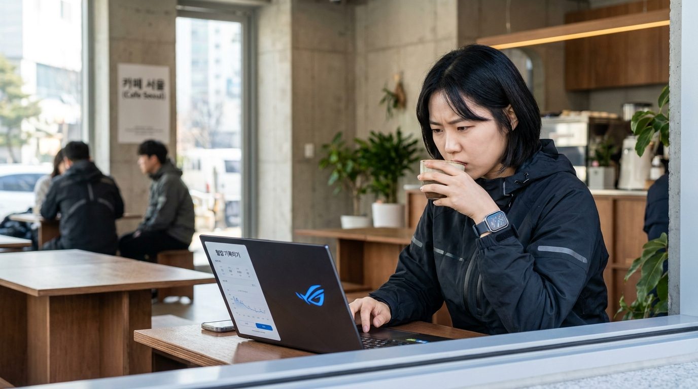 현대적인 한국 카페에서 혈압 기록 앱을 확인하는 젊은 한국 여성