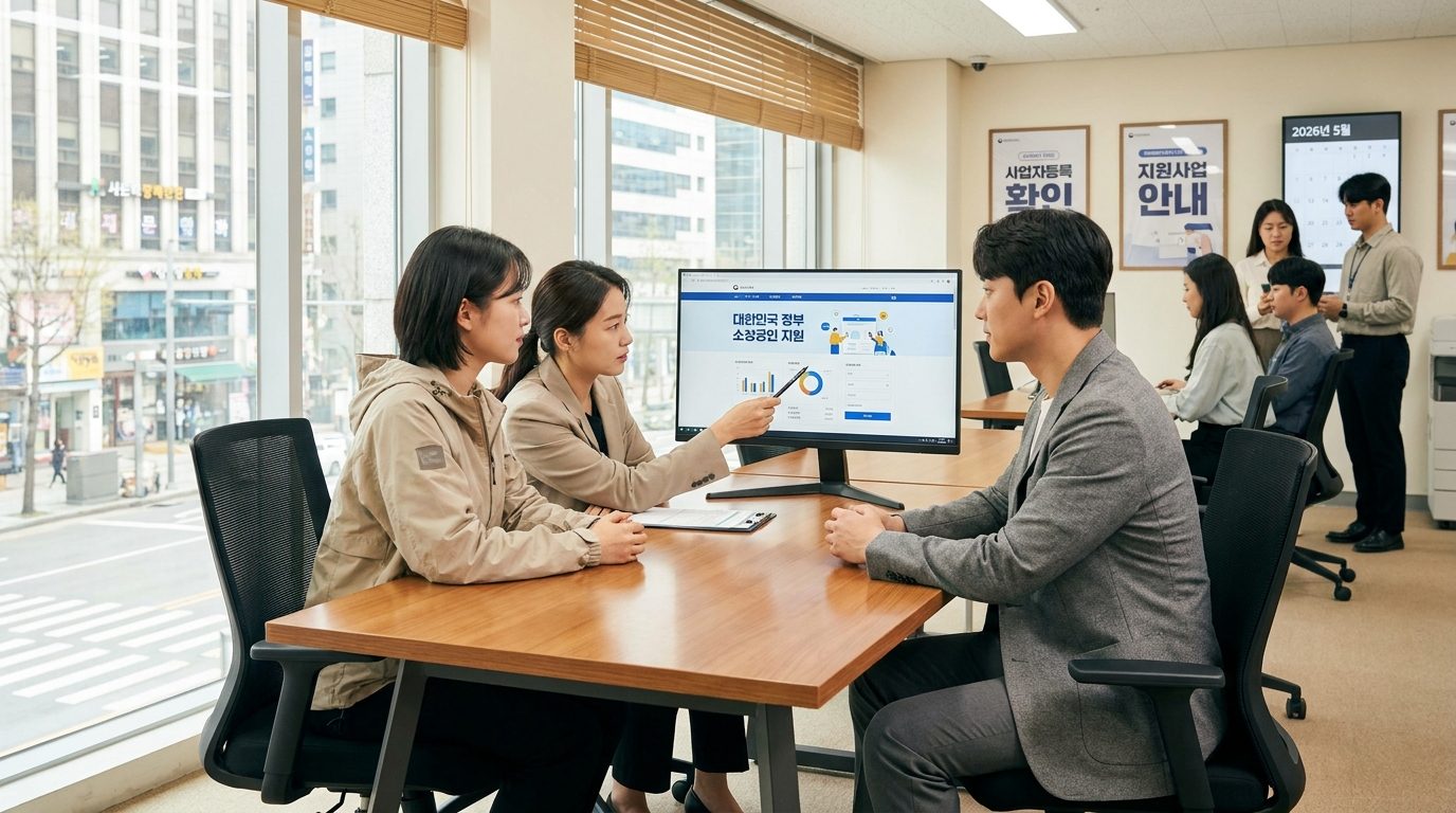 사업자등록과 지원사업 안내를 받는 한국 현대 사무실에서의 창업가와 상담사의 모습.