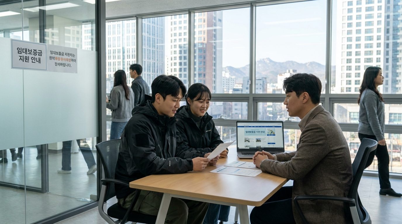 서울의 현대적인 임대 사무실에서 임대보증금 지원에 대해 상담하는 젊은 한국인 가족 또는 개인 모습