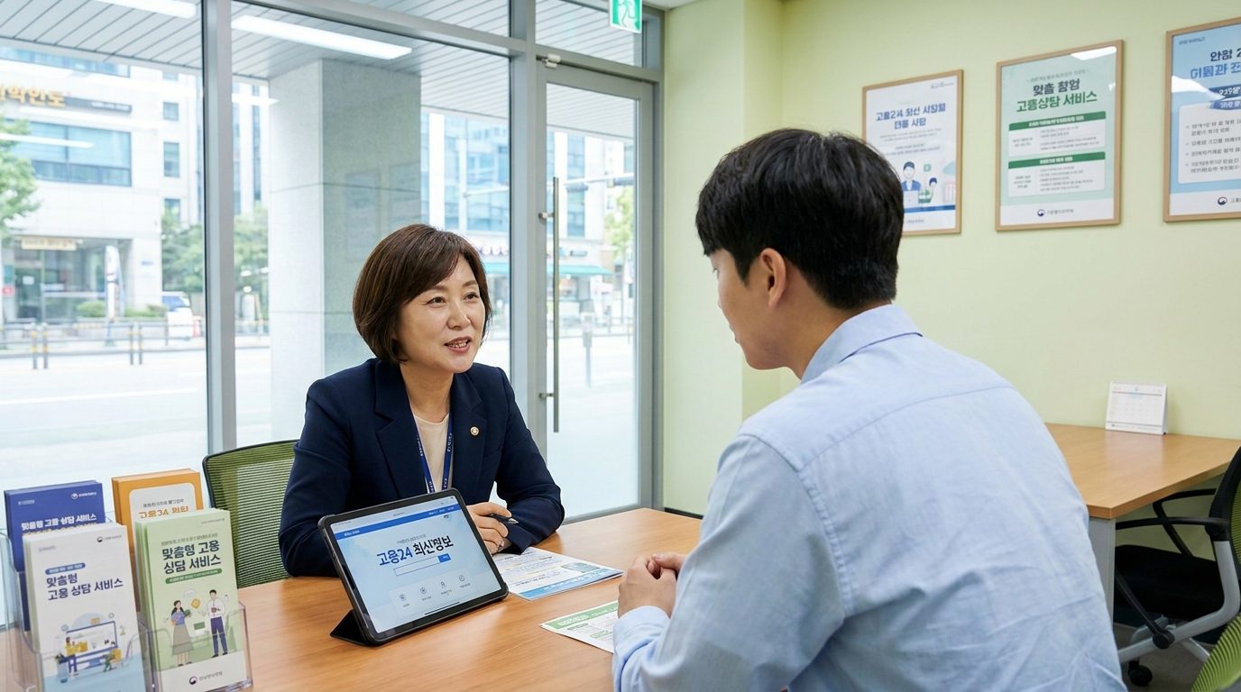 현대적인 한국 고용 상담 센터에서 직장인과 상담사가 상담하는 모습 상세
