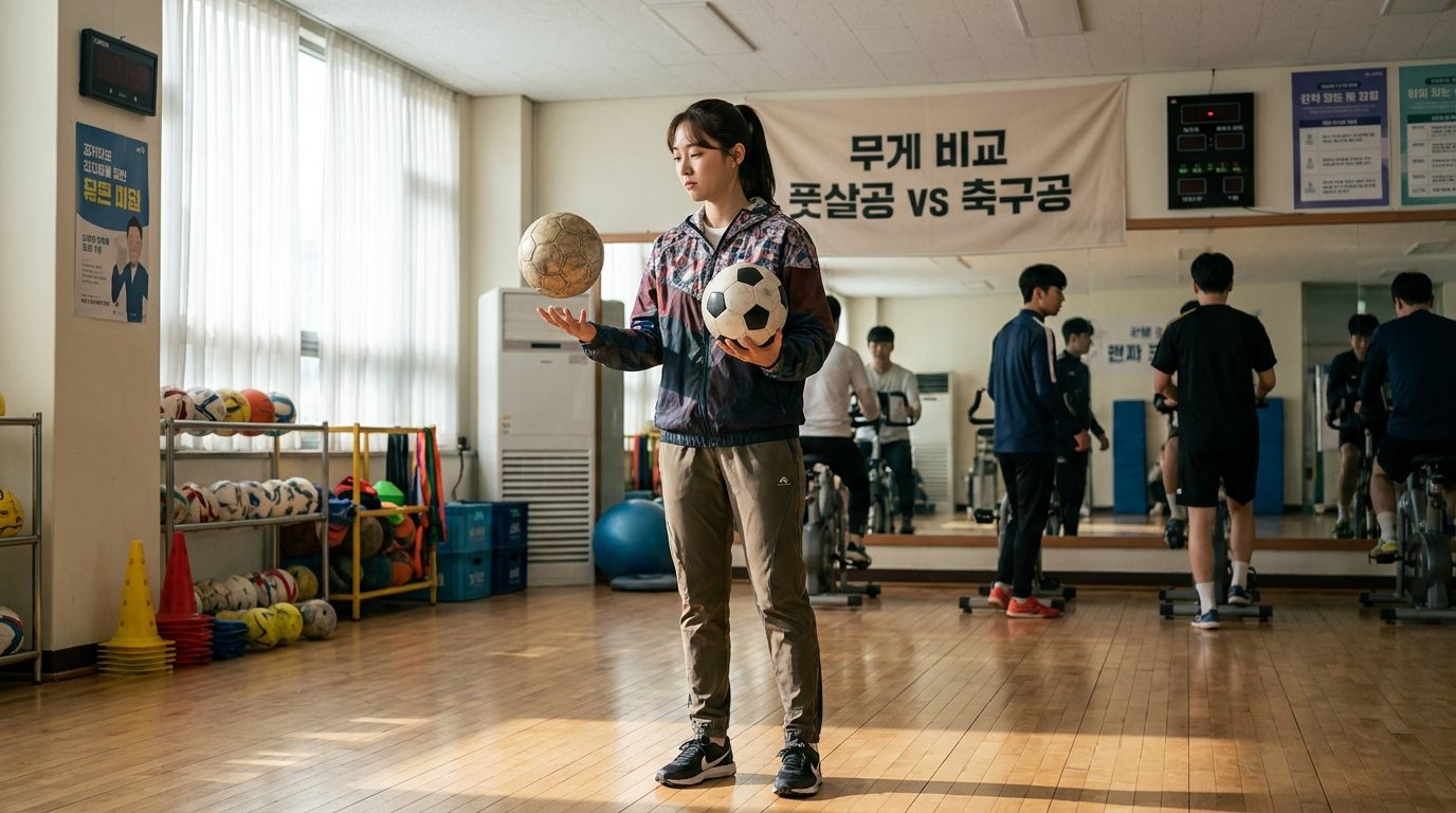 풋살공과 축구공의 무게 차이를 비교하는 한국 여학생의 사진