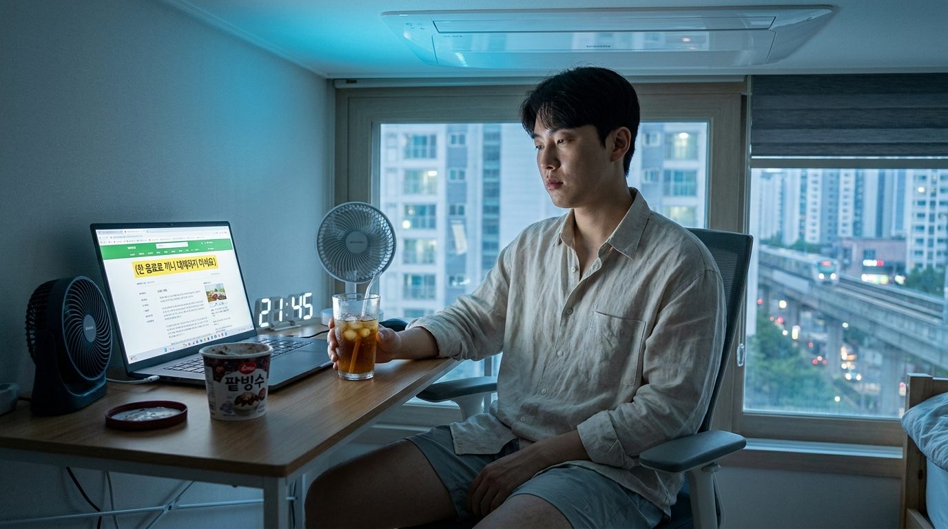 찬 음료 위주의 식습관이 소화에 미치는 영향을 보여주는 젊은 한국인과 노트북 화면