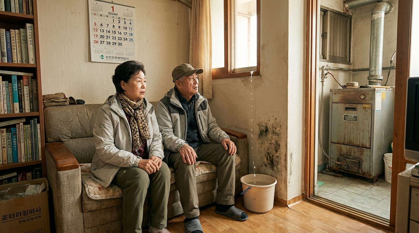 세입자 집수리 지원사업: 노후 임대주택에서 곰팡이와 누수 문제로 불편을 겪는 노년 부부의 모습
