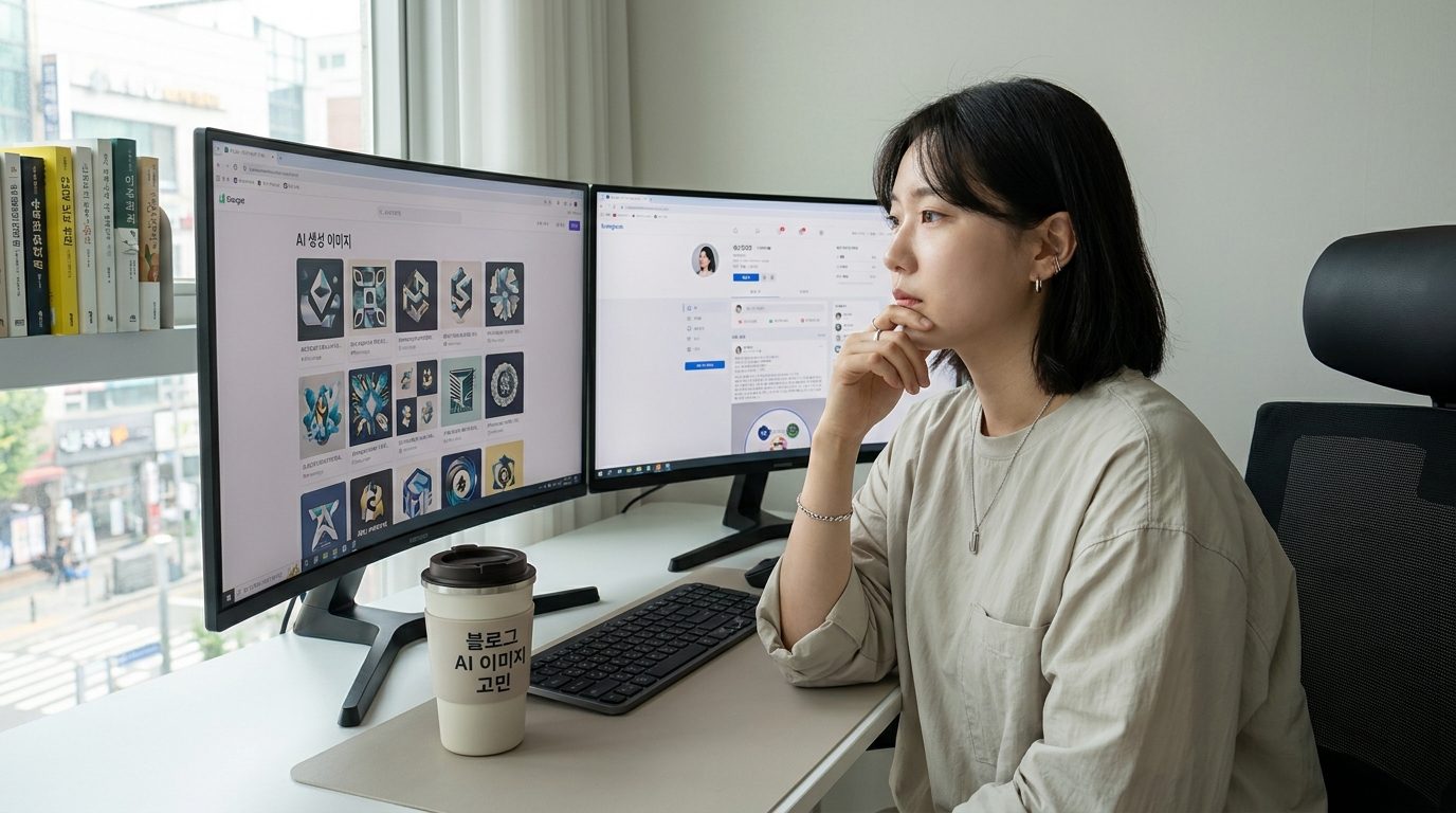 AI 이미지 검색 노출: 블로그나 SNS 운영자가 AI 이미지에 대해 고민하는 모습을 담은 현대적인 한국 사무 공간 이미지