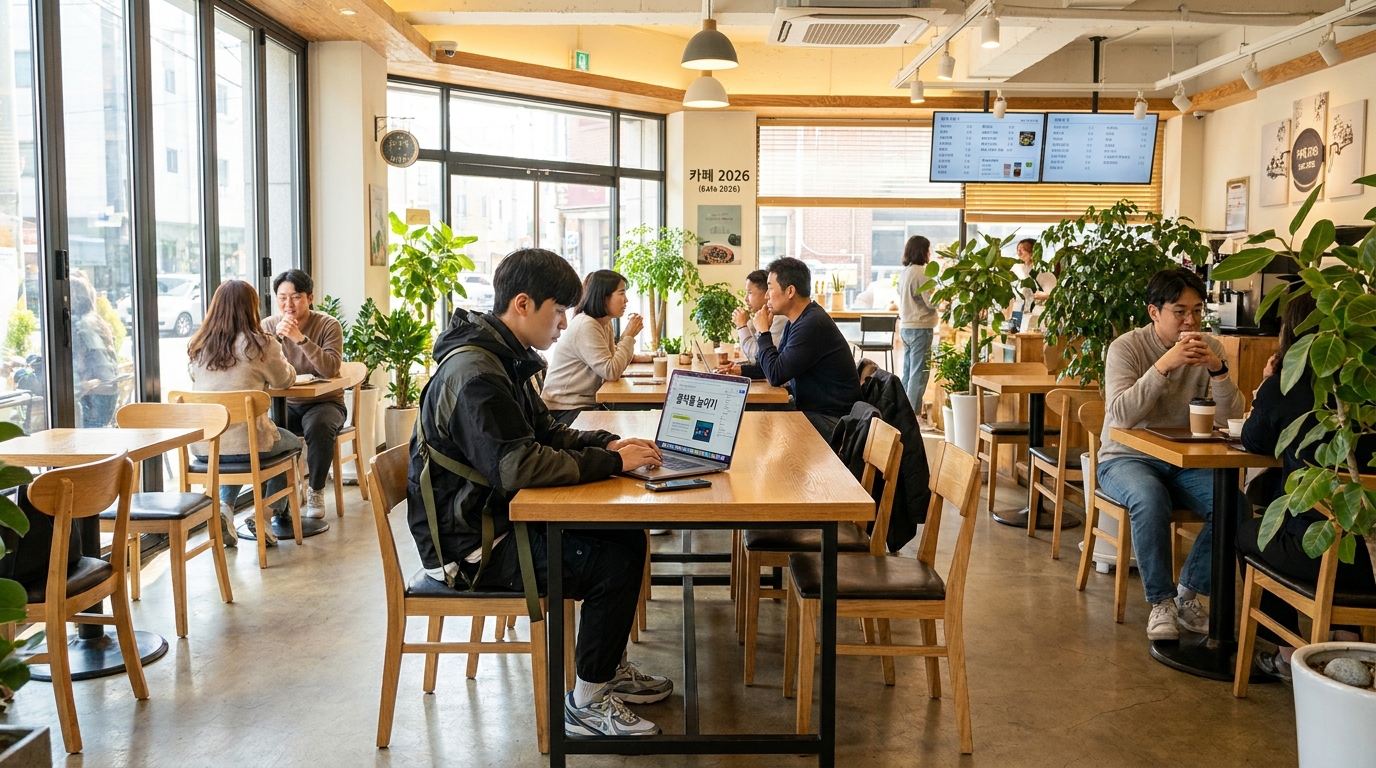 2026년 한국의 현대적 감각 카페에서 노트북으로 블로그 썸네일 편집하는 젊은 그래픽 디자이너의 실사 스타일 이미지