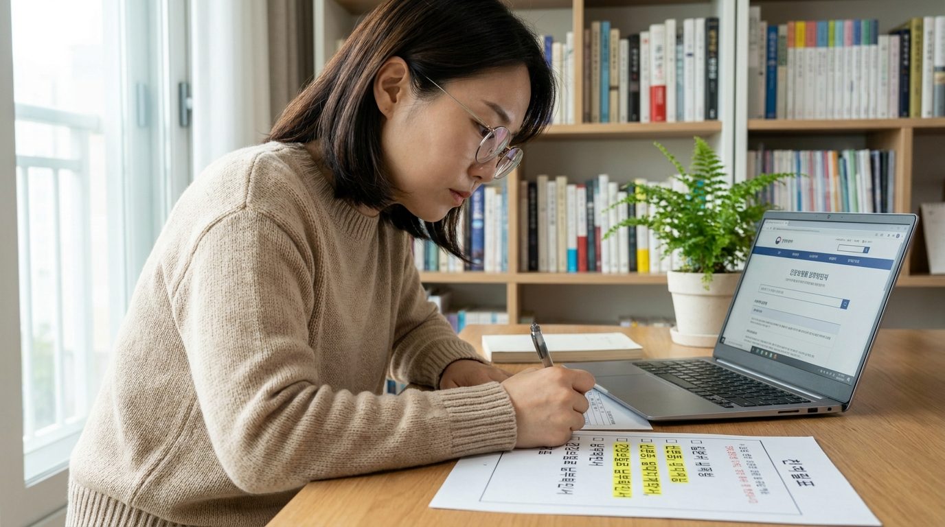 한국 여성 30대가 집에서 주거 지원 신청 서류를 준비하는 모습, 노트북 화면과 서류에 한글 문구가 보임