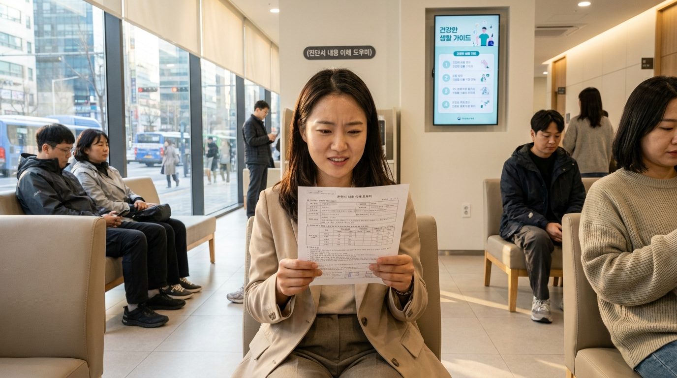 챗GPT 어려운 용어: 병원 대기실에서 한국인 여성이 진단서를 들여다보며 이해하려는 모습
