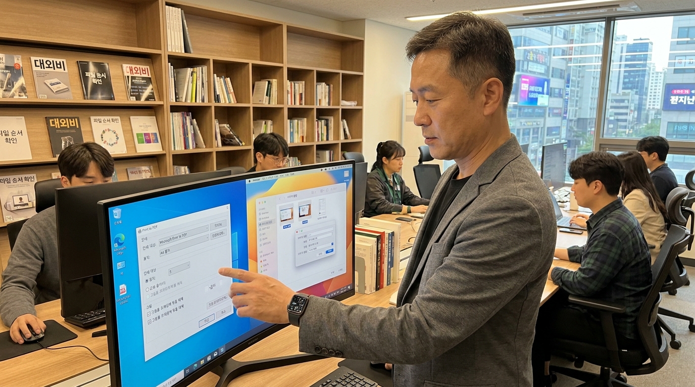 윈도우와 맥 OS 기능을 활용해 PDF 병합 설정을 하는 중년 한국인 남성 모습