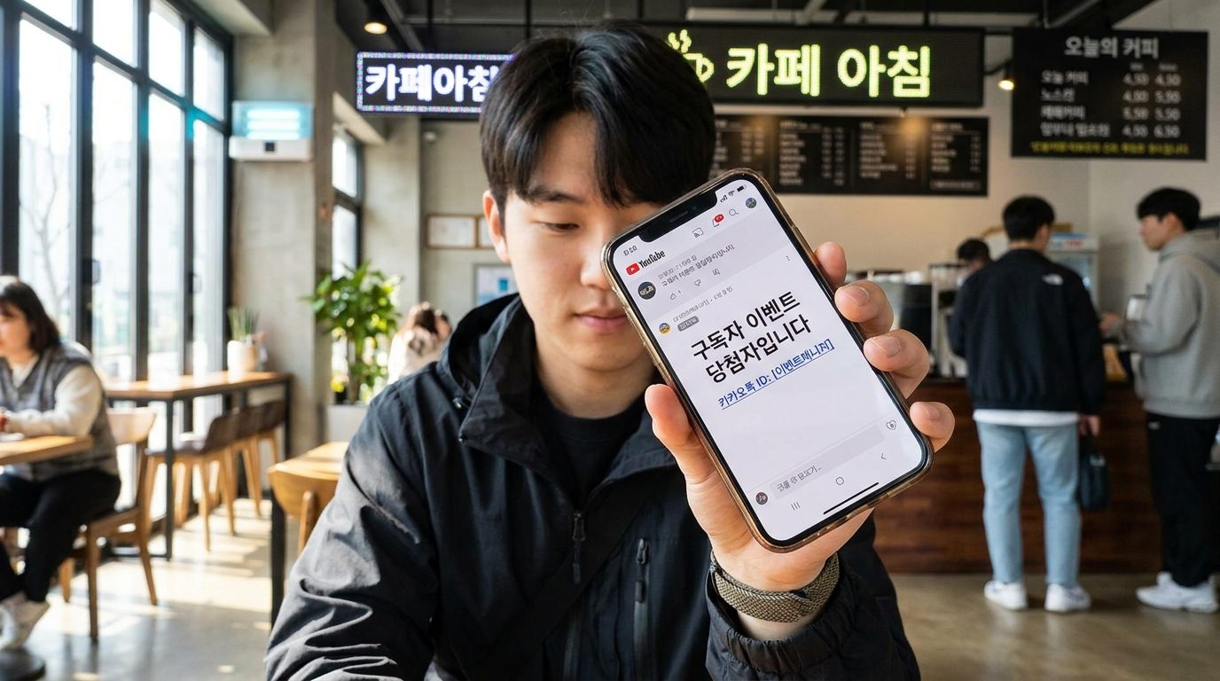 한국 청년이 카페에서 의심스러운 유튜브 댓글을 휴대폰 화면으로 확인하는 클로즈업 모습