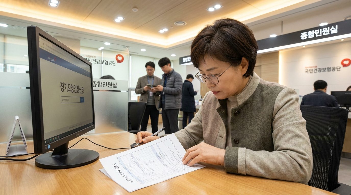 국민건강보험공단에서 신청서를 작성 중인 한국인 가족의 모습