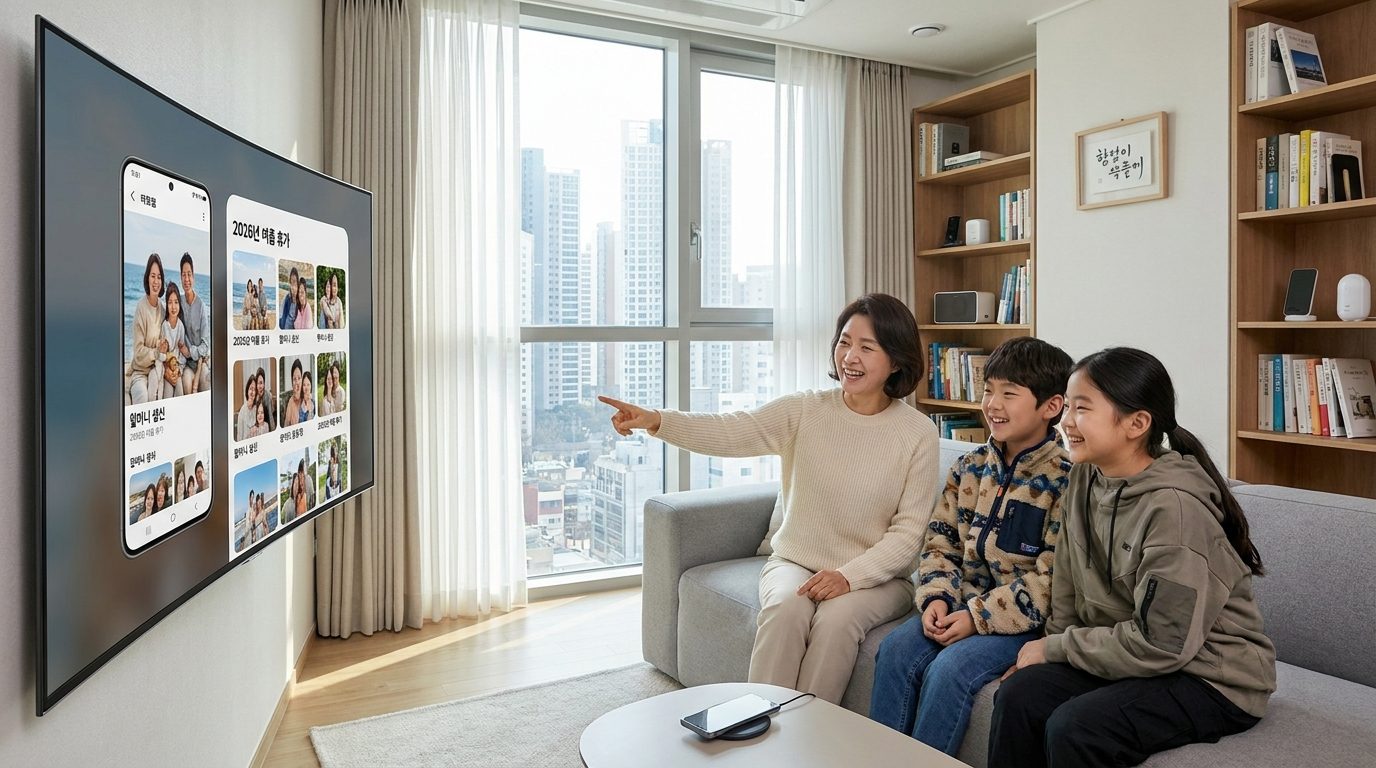 스마트폰 TV 연결: 가족이 스마트 TV에서 스마트폰 화면을 큰 화면으로 보며 즐거워하는 모습