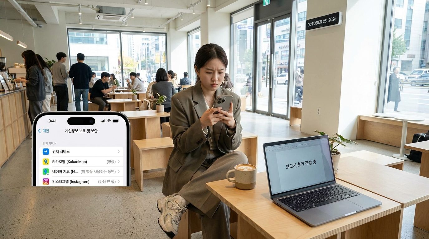 카페에서 아이폰을 들고 위치 권한 설정을 확인하는 젊은 한국 여성