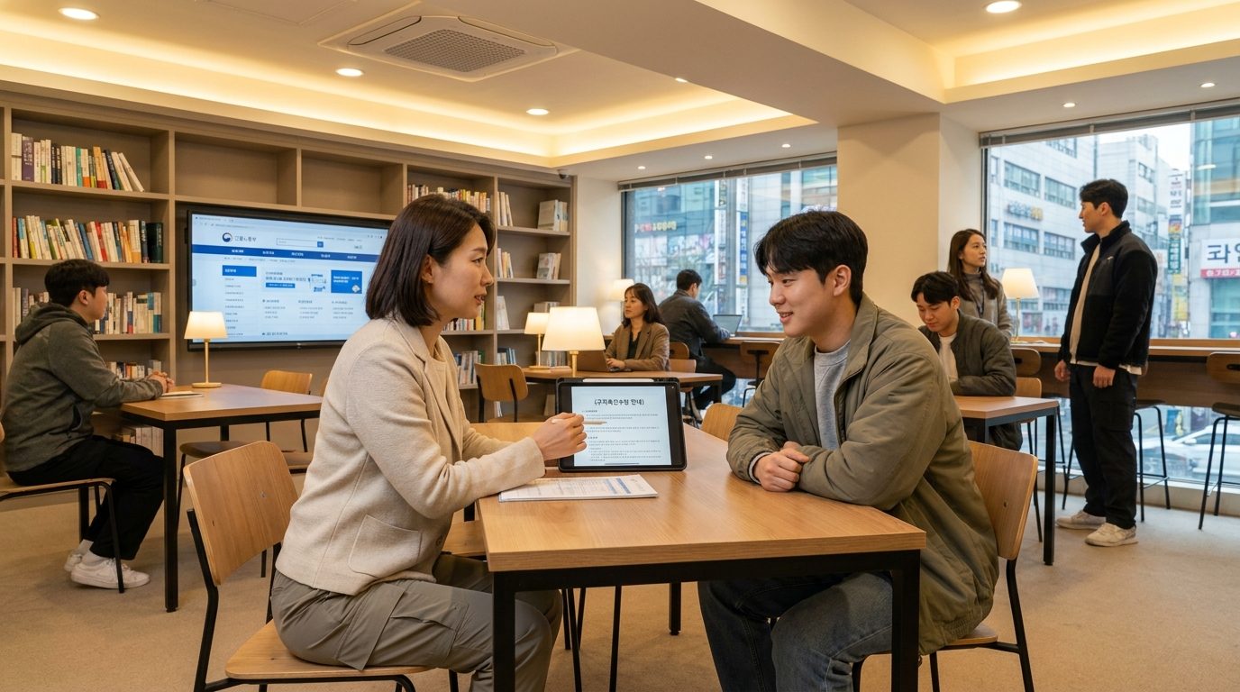 고용센터 상담실에서 구직자가 상담사와 국민취업지원제도 수당 관련 상담을 하는 모습