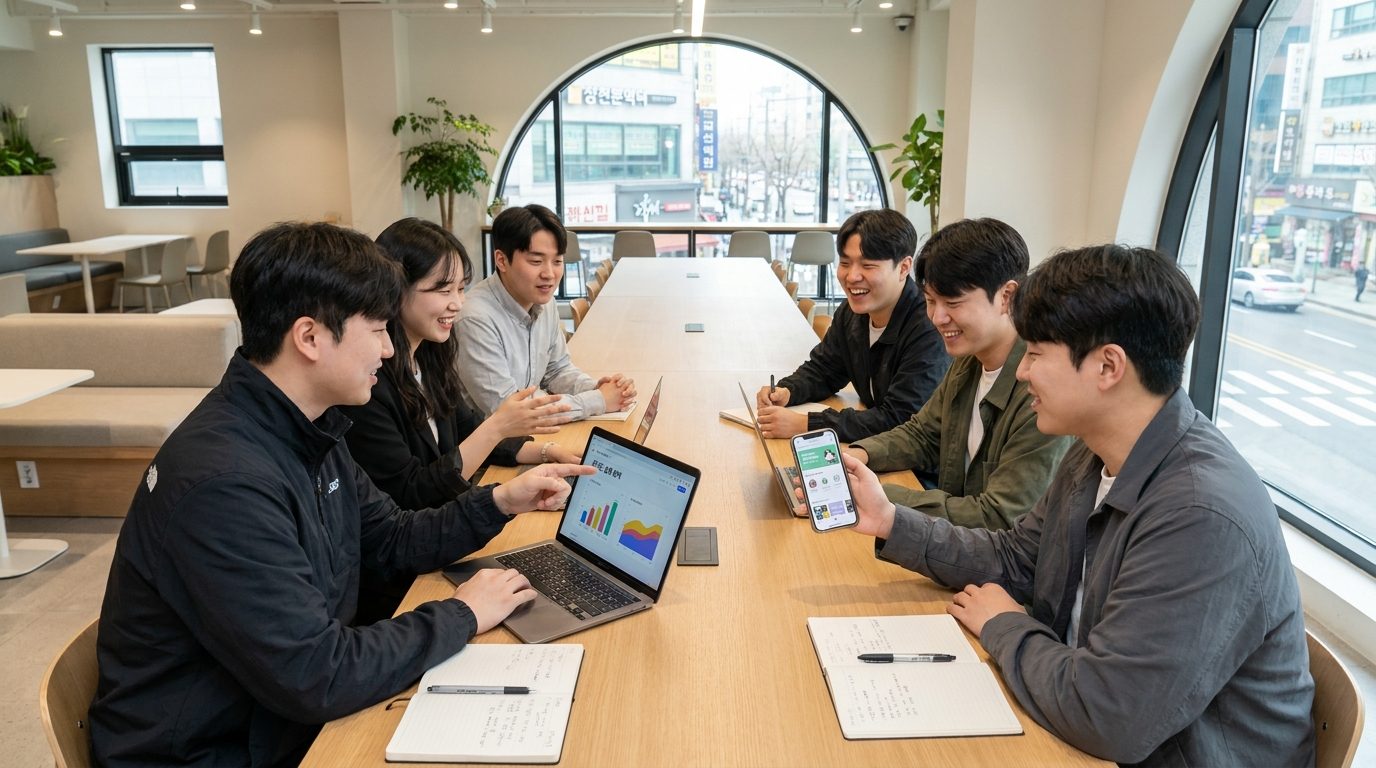 한국 모던 코워킹 스페이스에서 온라인 살롱 회의하는 젊은 직장인들