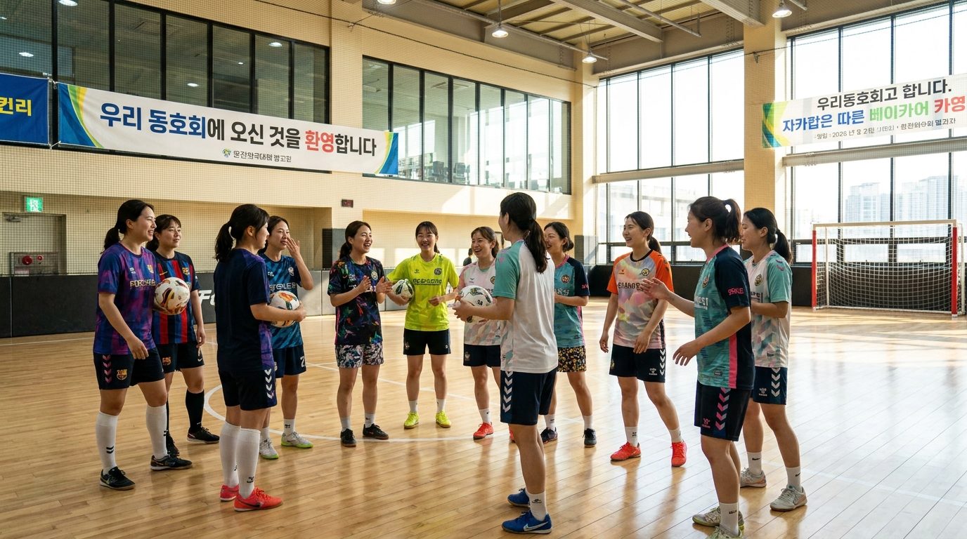 여자 풋살 동호회 팀원들이 실내 코트에서 이야기하며 준비하는 모습