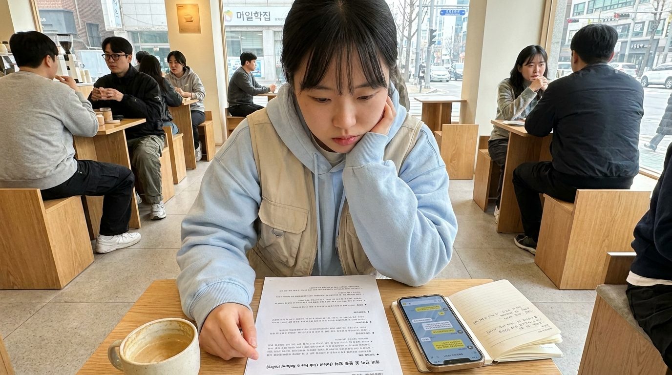 여성이 카페에서 여자 풋살 동호회 회비와 환불 정책을 꼼꼼히 확인하는 장면