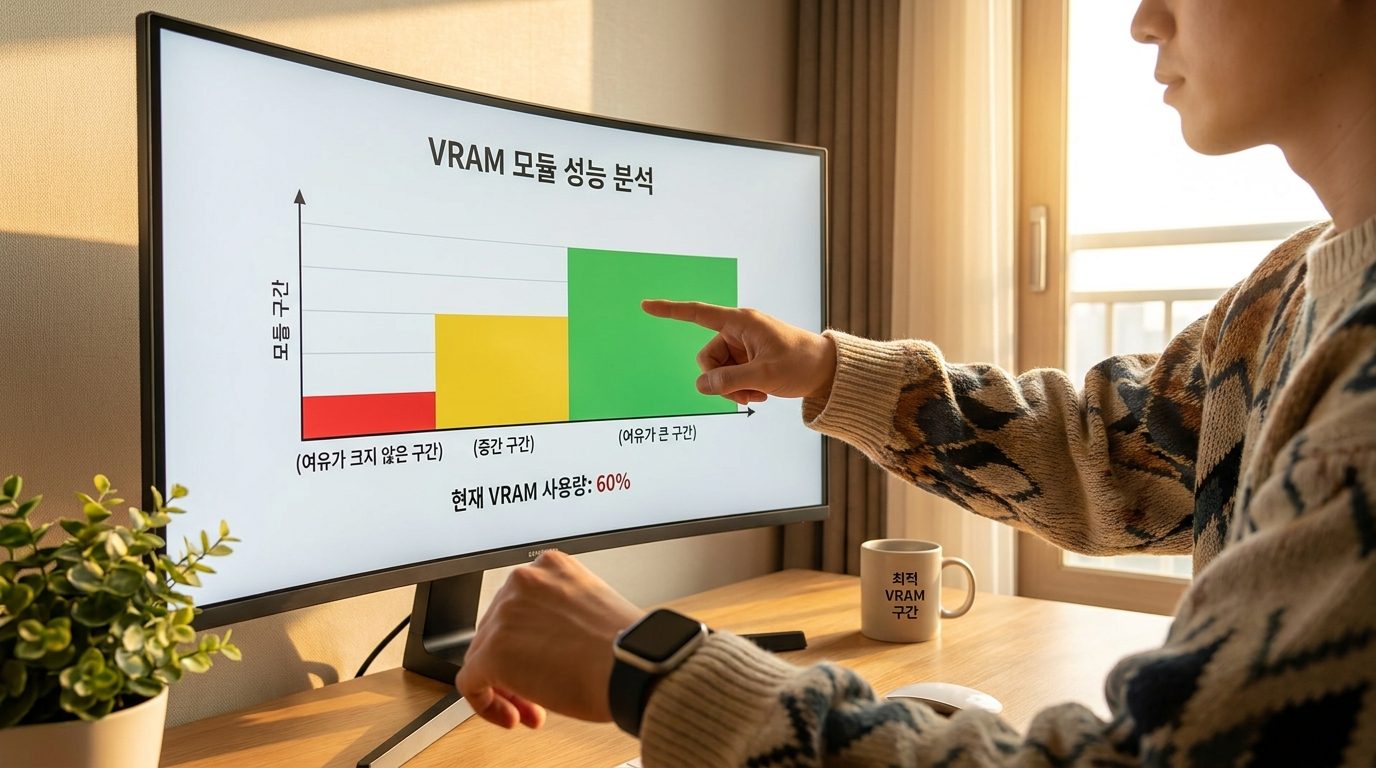VRAM 용량대별 구간을 설명하는 한국의 최신 GPU 성능 차트와 기술 애호가
