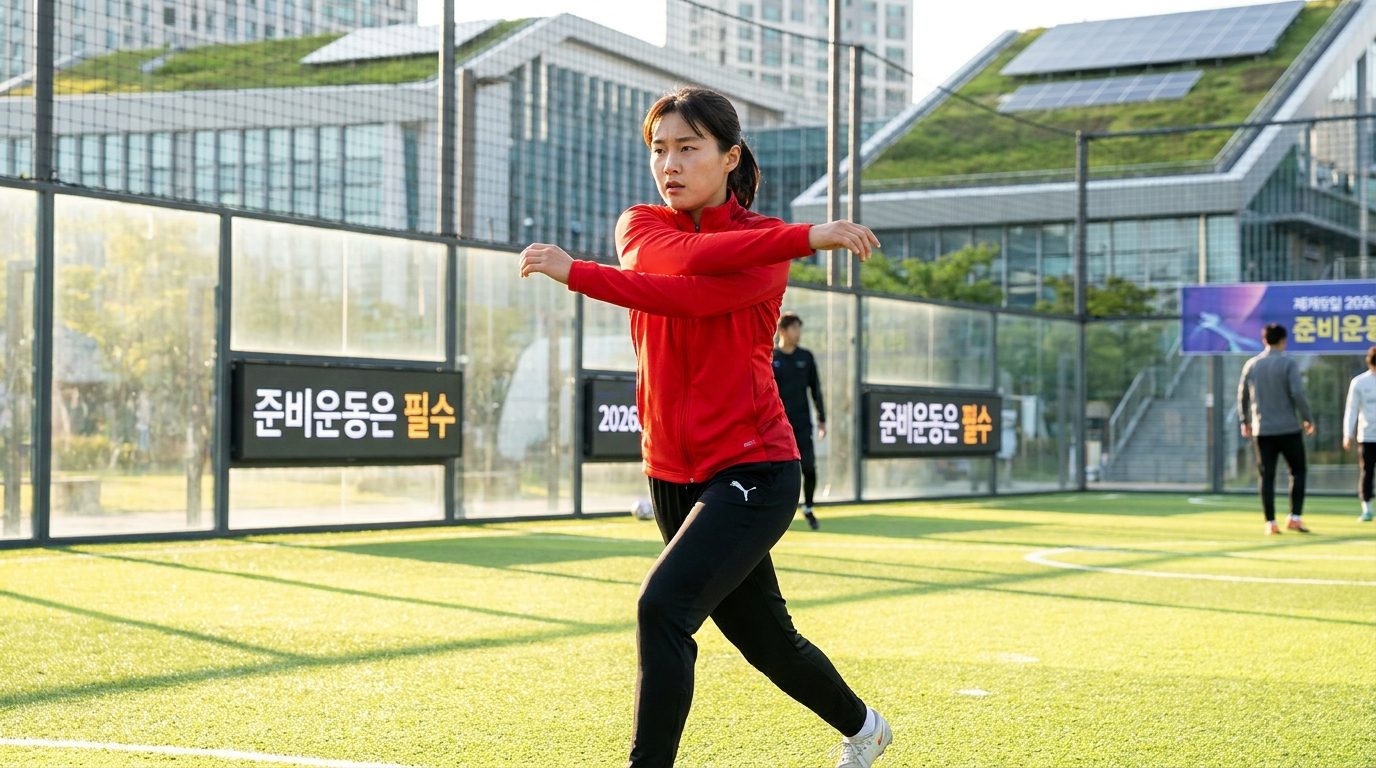 경기 전 준비운동으로 몸을 풀고 있는 한국 여성 풋살 선수