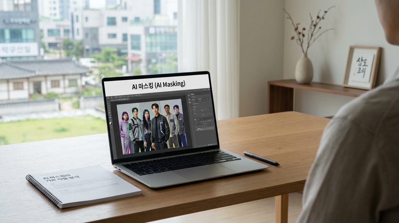 노트북에서 AI 마스킹이 실행 중인 모습과 한국어 매뉴얼이 놓인 현대적인 한국 인테리어