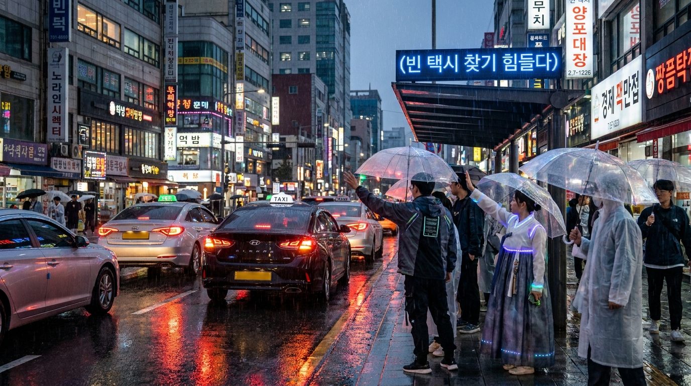 카카오택시 부르는 법: 2026년 한국 도심의 비오는 밤, 현대적인 패션을 입은 사람들이 빈 택시를 찾으려 애쓰는 모습