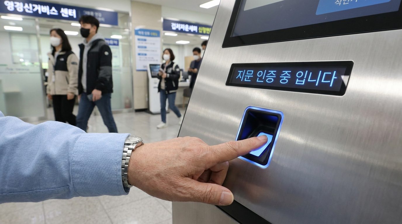 무인 민원 발급기의 지문 인식기에 손가락을 올려 지문 인증하는 한국인 손 클로즈업
