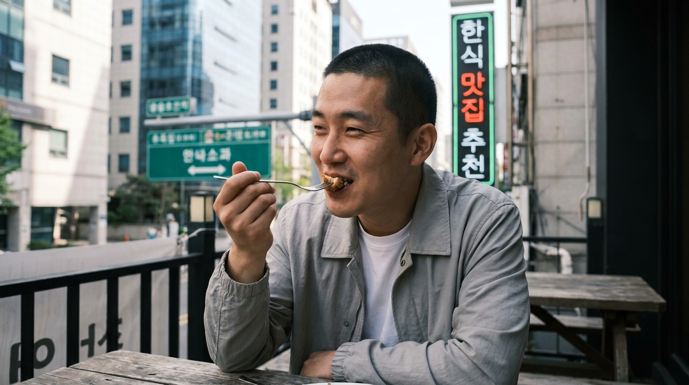 도시 카페에서 식사하며 미소 짓는 반삭발 머리 남자 클로즈업 이미지