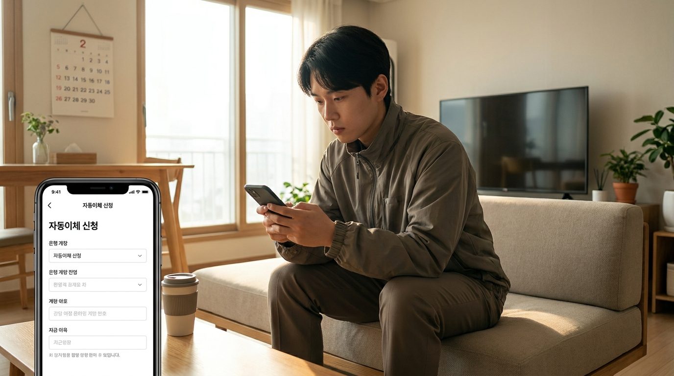 한국 현대 아파트에서 자동이체 신청 중인 세련된 캐주얼 복장의 한국인