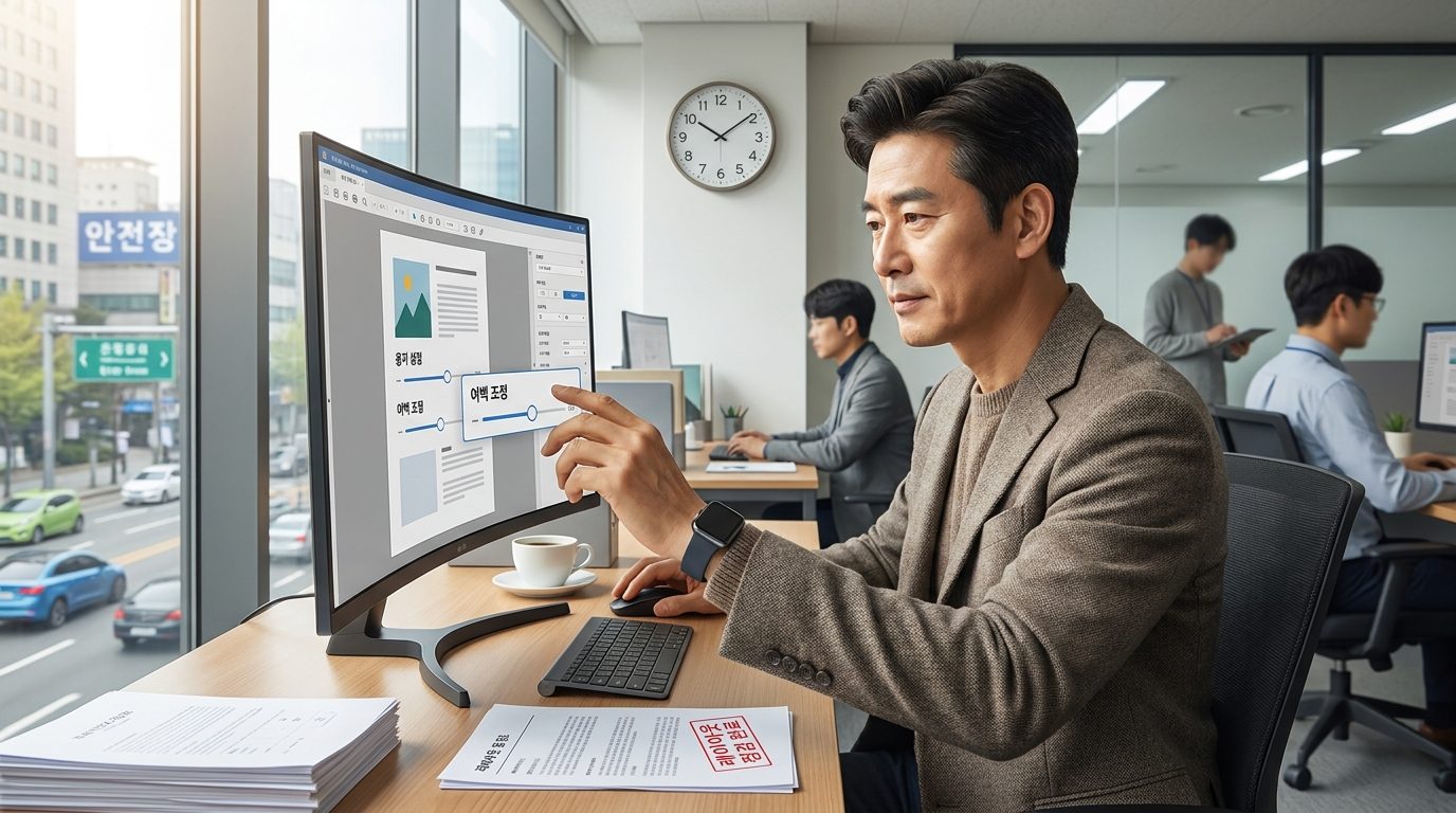 PDF 용지 설정과 여백을 조절하는 중년 한국인 직장인