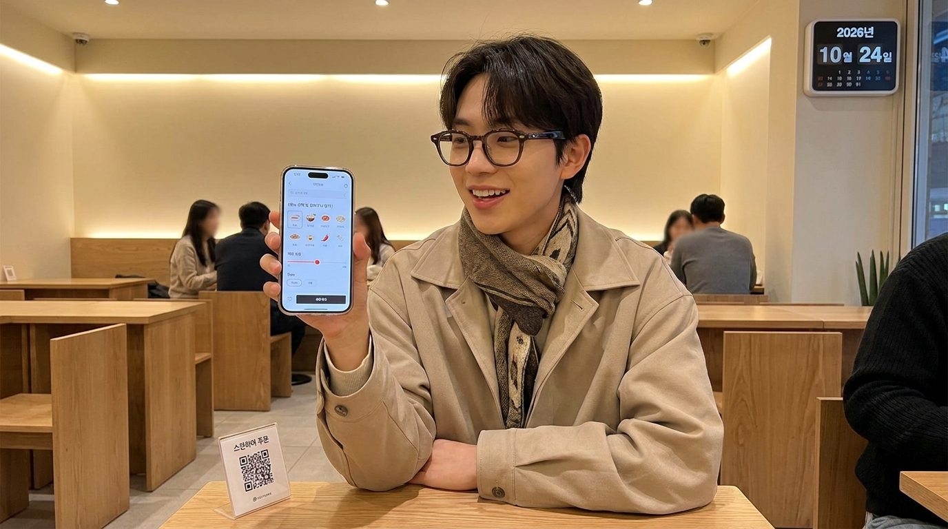 2026년 한국 카페에서 스마트폰으로 QR 주문 메뉴를 선택하는 과정을 보여주는 이미지