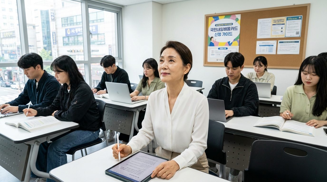 50대 재취업 지원: 50대 한국 여성들이 국민내일배움카드 지원 직업훈련 수업에 참여하는 모습