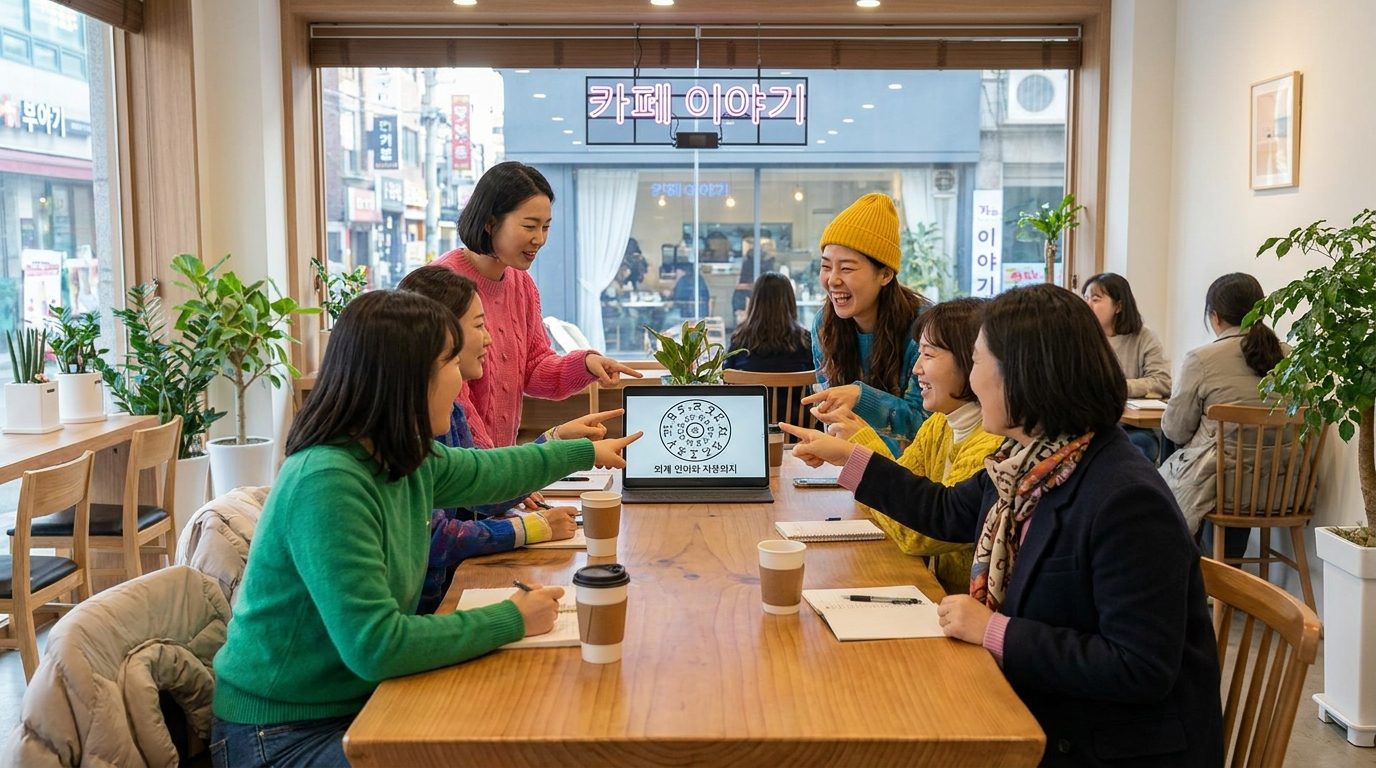 밝고 아늑한 카페에서 테드 창 소설을 토론하는 여성 독서 모임의 모습