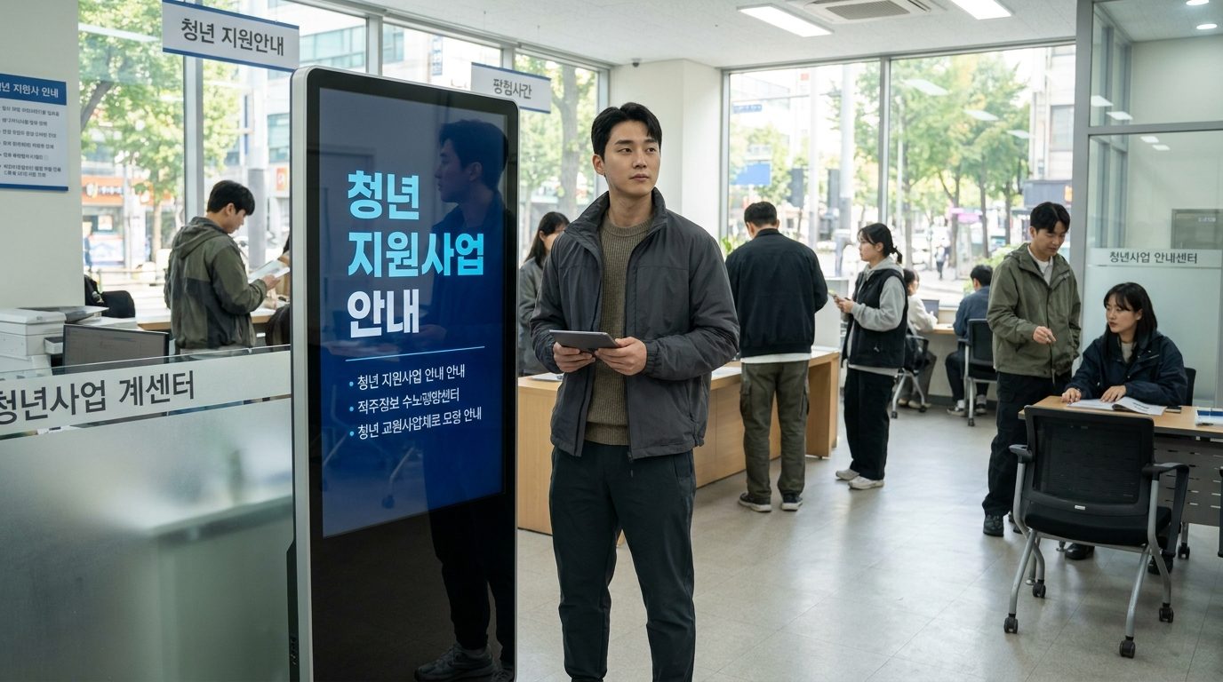 군복무 청년 나이 연장: 청년 지원사업 안내를 읽고 있는 2026년 한국의 젊은 남성 모습