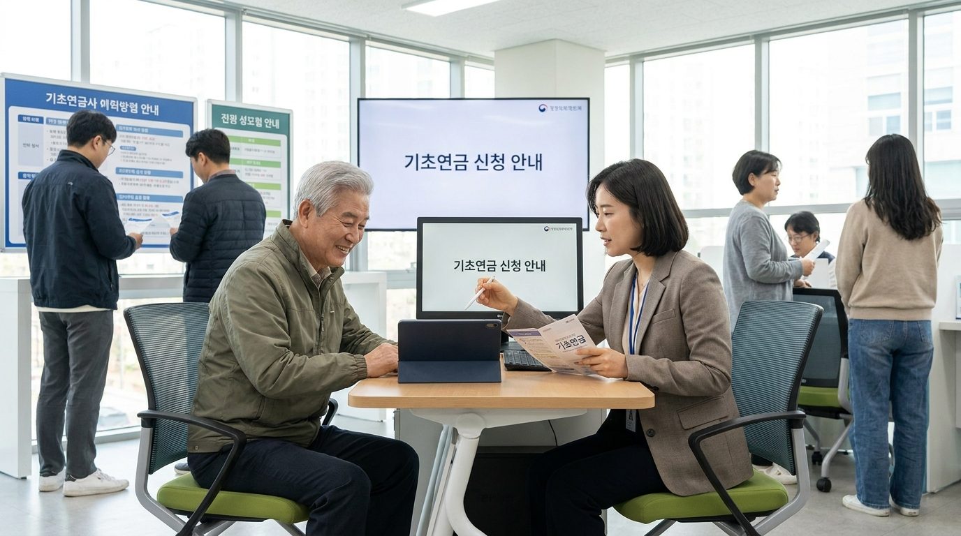 노인 기초연금 서비스 안내를 받는 어르신 모습