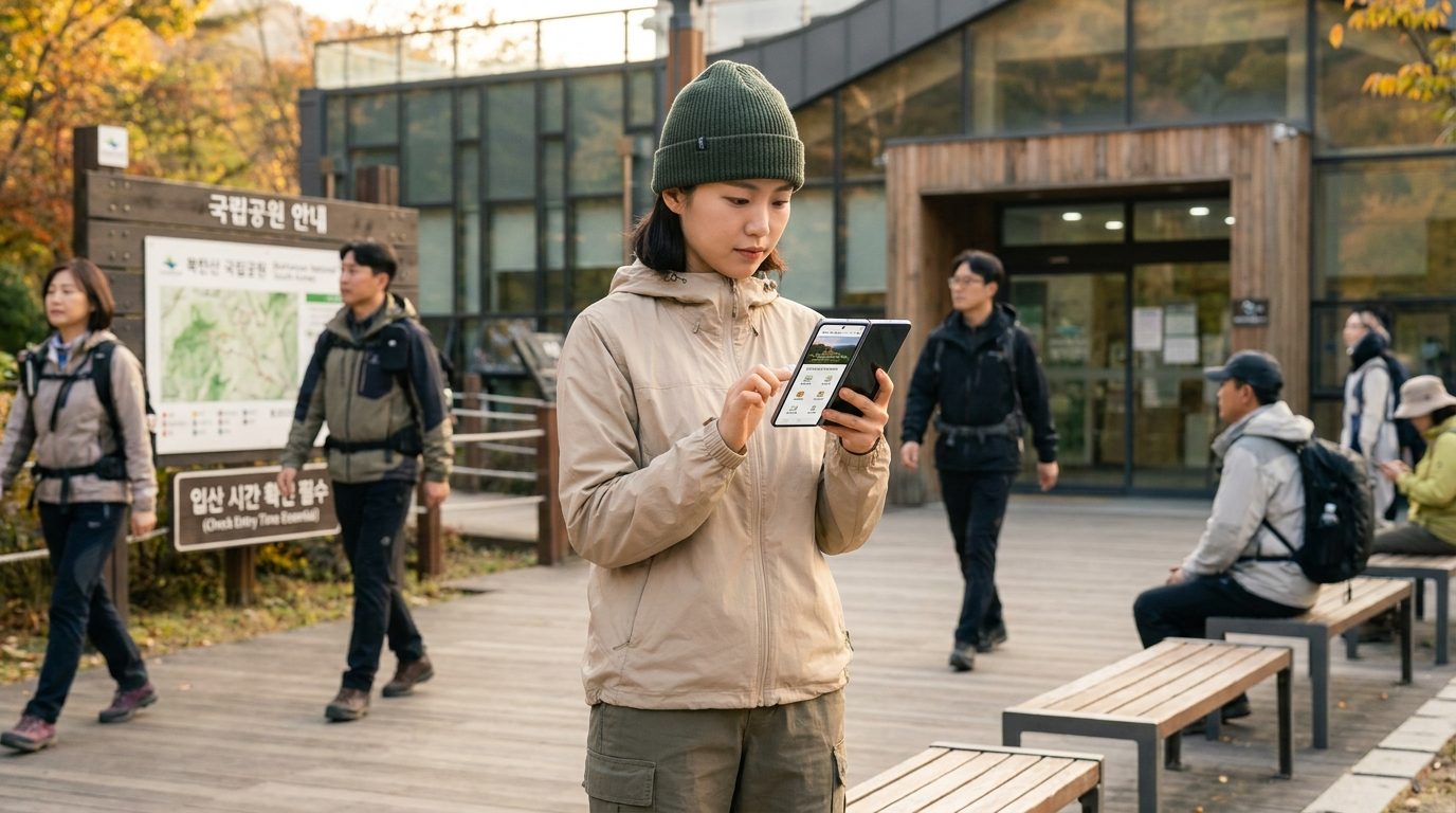 2026년 대한민국에서 국립공원 탐방 시간을 스마트폰으로 확인하는 한국인 여성의 모습