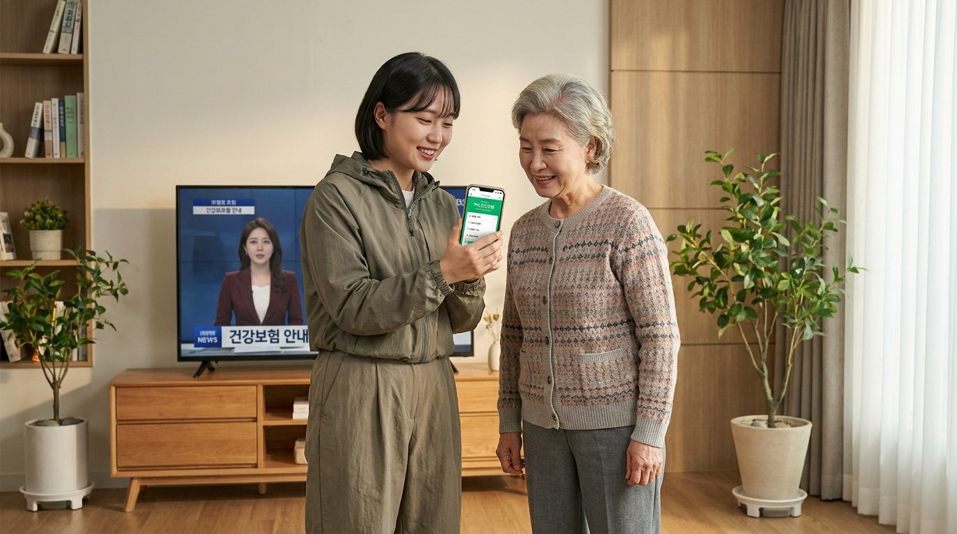 포근한 거실에서 젊은 딸이 어머니께 '보험료 조회' 화면을 보여주는 한국 가족의 모습